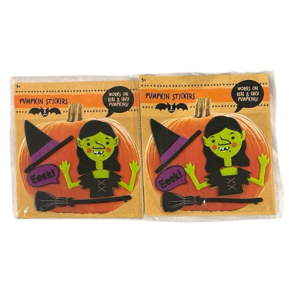 2x Halloween Pumpkin Felt Stickers Works on Real and Faux Pumpkins Witch 5ct